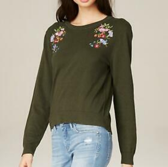 Bebe Floral Embroidered Khaki Army Green Sweater - Picture 1 of 10
